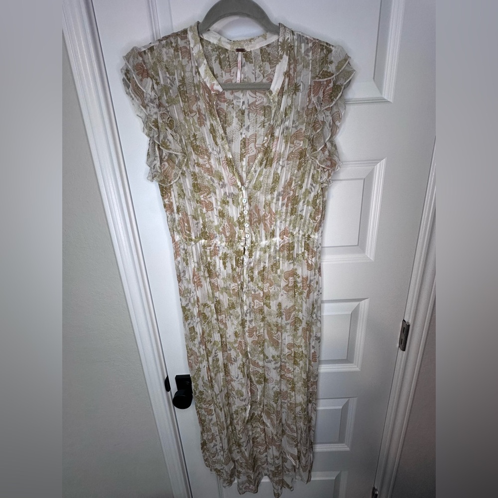 Free People Cream and Olive Floral Ruffled Maxi Dress